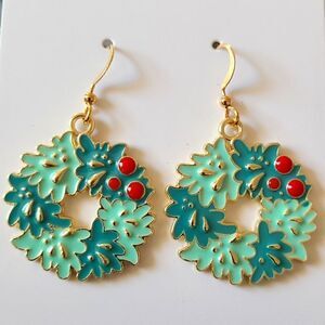 New Hand Crafted Green Christmas Wreath Cute Dangle Earrings 18k Gold Plated